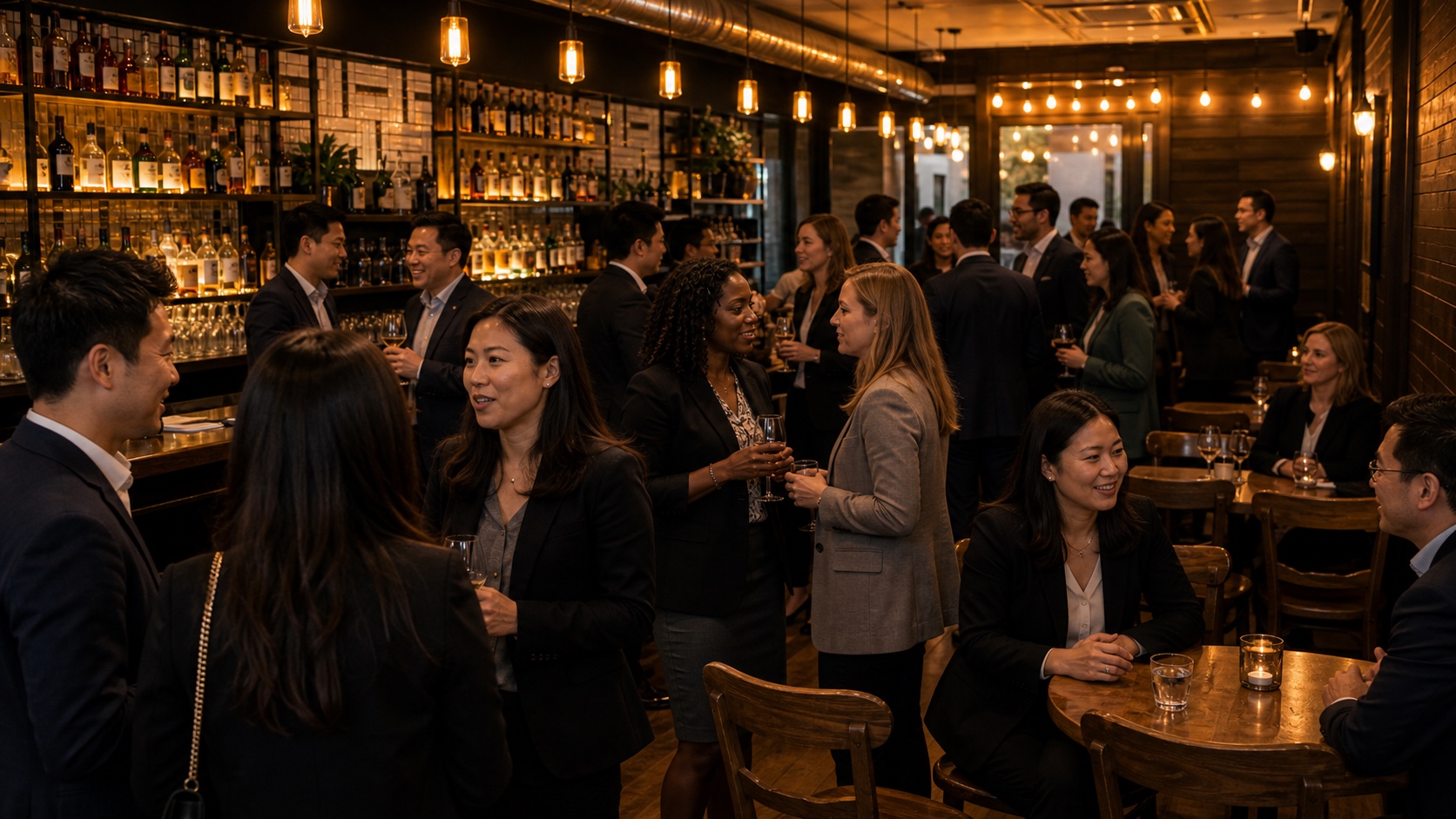Diverse legal professionals networking inside a warm SouthGate Philly-style restaurant reception